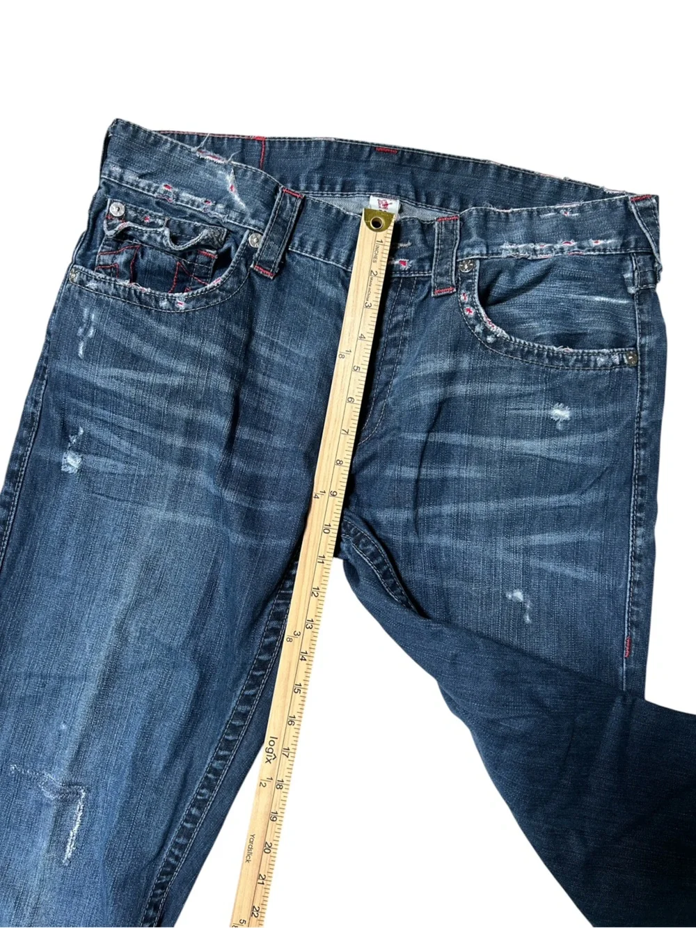 True Religion Men’s Straight Flap Jeans Red Stitch Dark Wash Size 34